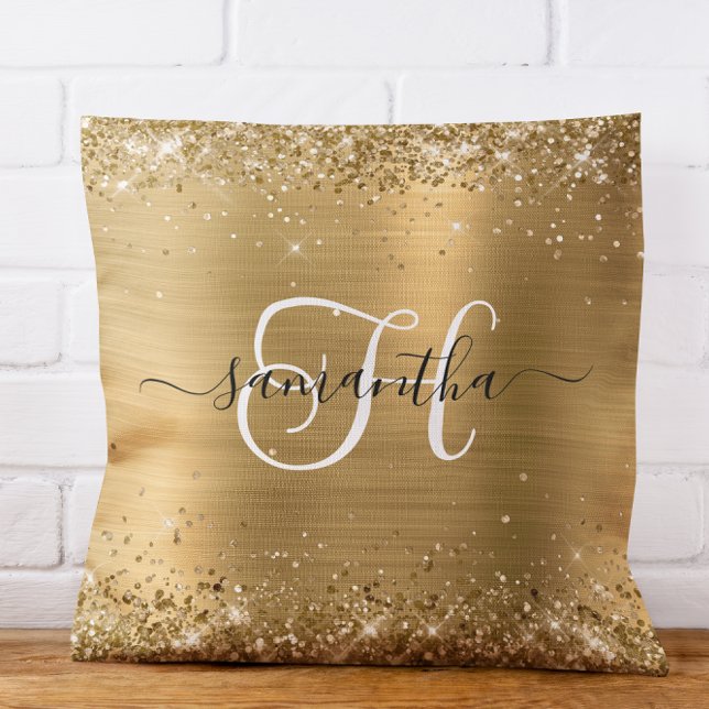 Glittery Gold Glam Monogrammed Throw Pillow (Glittery Gold Glam Monogrammed Throw Pillow)