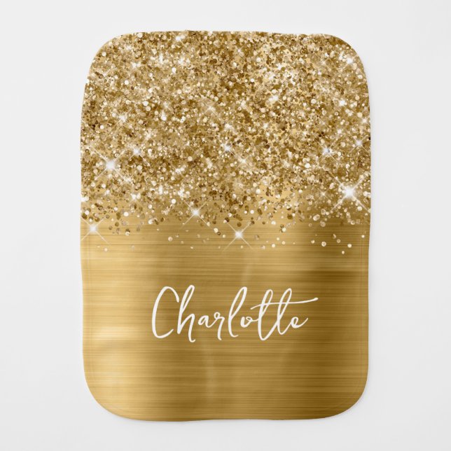 Glittery Gold Glam Name Baby Burp Cloth (Front)