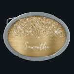 Glittery Gold Glam Name Belt Buckle<br><div class="desc">Customize the modern handwritten style script to create your own design.
Add a monogram initial to create a first name initial combination.
Girl boss stocking stuffer.
Girly faux gold glitter and brushed metal foil digital art that will print like a photo on your design.</div>