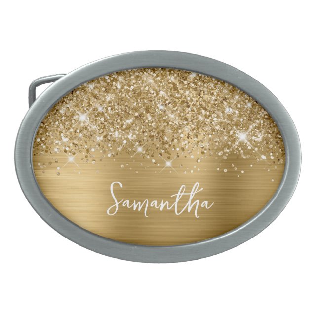 Glittery Gold Glam Name Belt Buckle (Front)