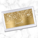 Glittery Gold Glam Name Business Card Case<br><div class="desc">Customize the modern handwritten style script to create your own business card case.
Add a monogram initial to create a first name initial combination.
Girl boss stocking stuffer.
Girly faux gold glitter and brushed metal foil digital art that will print like a photo on your design.</div>
