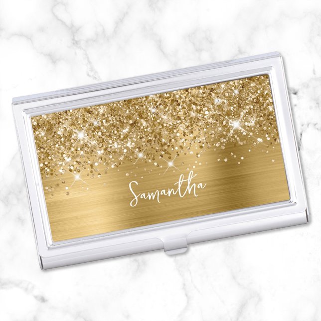 Glittery Gold Glam Name Business Card Case (Create your own girly monogrammed business card case for her.)