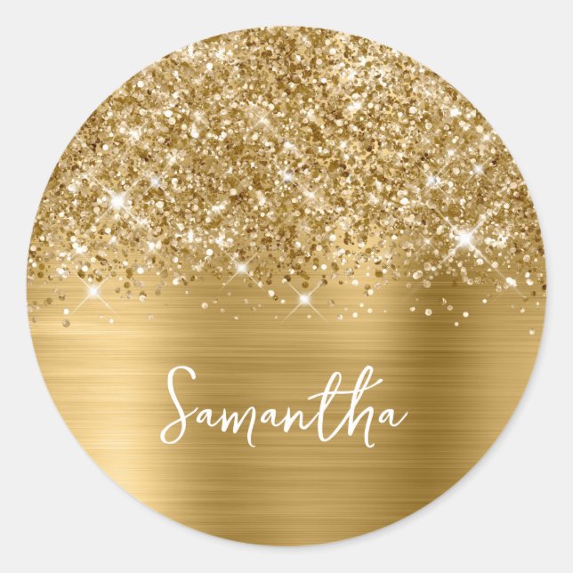 Glittery Gold Glam Name Classic Round Sticker (Front)