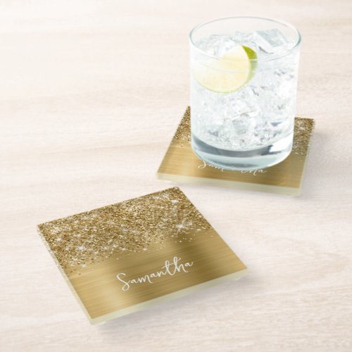 Glittery Gold Glam Name Glass Coaster