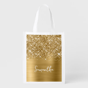 Glittery Gold Glam Name Grocery Bag