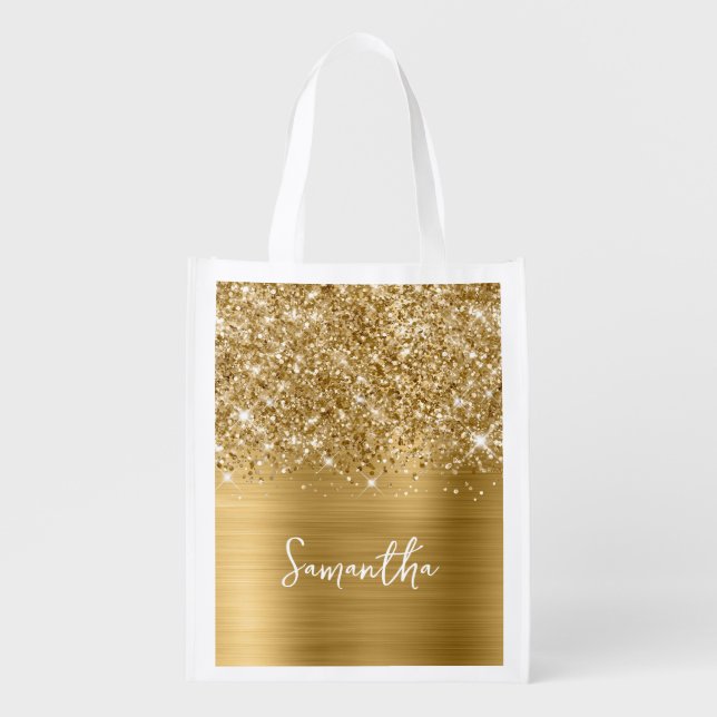 Glittery Gold Glam Name Grocery Bag (Front)