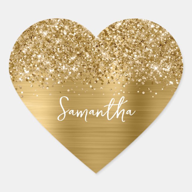 Glittery Gold Glam Name Heart Sticker (Front)