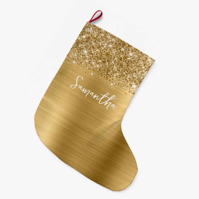 Glittery Gold Glam Name Large Christmas Stocking (Front (Hanging))