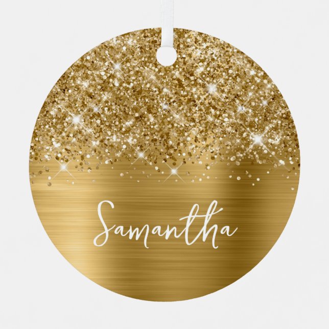 Glittery Gold Glam Name Metal Ornament (Front)