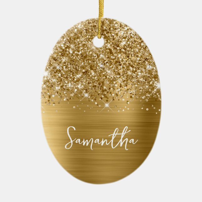 Glittery Gold Glam Name Oval Photo Ceramic Ornament (Front)