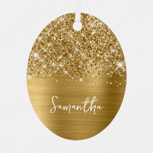 Glittery Gold Glam Name Oval Photo Metal Ornament