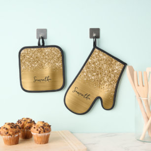 Glittery Gold Glam Name Oven Mitt & Pot Holder Set