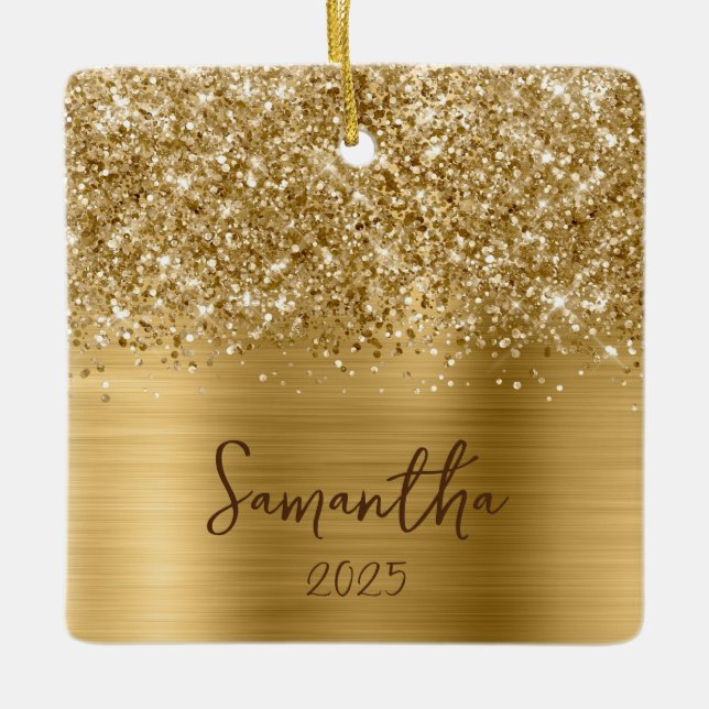 Glittery Gold Glam Name Photo Ceramic Ornament (Front)