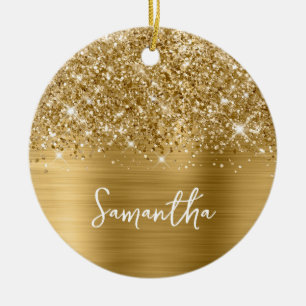 Glittery Gold Glam Name Photo Ceramic Ornament
