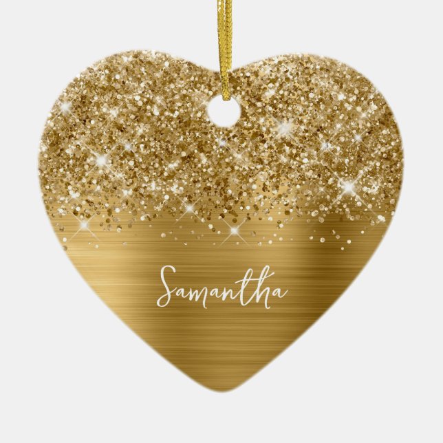 Glittery Gold Glam Name Photo Ceramic Ornament (Front)