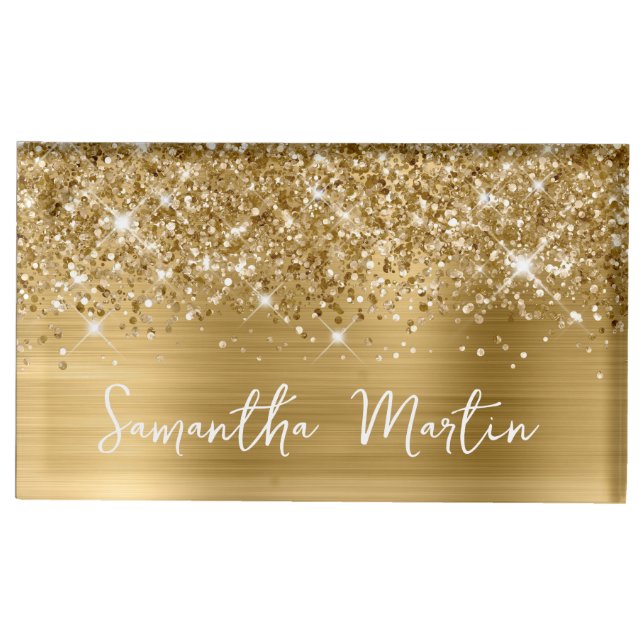 Glittery Gold Glam Name Place Card Holder (Front)