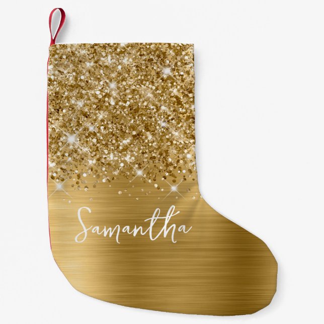 Glittery Gold Glam Name Small Christmas Stocking (Front)