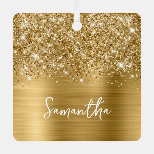 Glittery Gold Glam Name Square Photo Metal Ornament