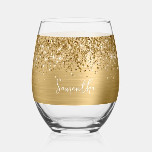 Glittery Gold Glam Name Stemless Wine Glass