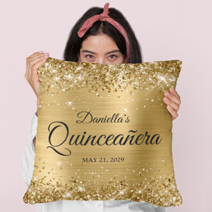 Glittery Gold Glam Quinceanera Photo Throw Pillow