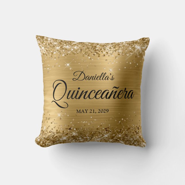 Glittery Gold Glam Quinceanera Photo Throw Pillow (Front)