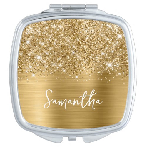Glittery Gold Glam Script Name Compact Mirror