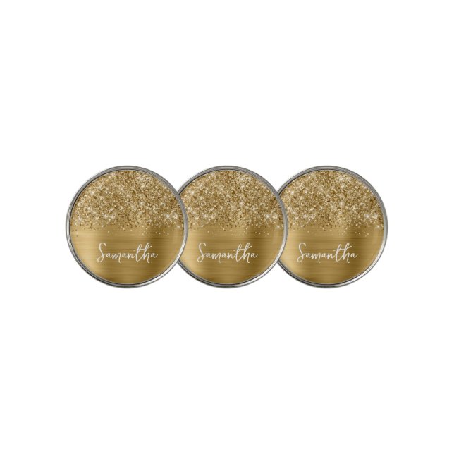 Glittery Gold Glam Script Name Golf Ball Marker (3 Up)