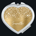 Glittery Gold Glam Script Name Heart Compact Mirror<br><div class="desc">Customize the modern handwritten style calligraphy script to create your own heart shaped makeup compact. Add a monogram initial to create a first name initial combination. There are many nice font styles to personalize this design. Girly faux gold glitter and brushed metal foil digital art (it will print like a...</div>