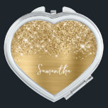 Glittery Gold Glam Script Name Heart Compact Mirror<br><div class="desc">Customize the modern handwritten style calligraphy script to create your own heart shaped makeup compact. Add a monogram initial to create a first name initial combination. There are many nice font styles to personalize this design. Girly faux gold glitter and brushed metal foil digital art (it will print like a...</div>