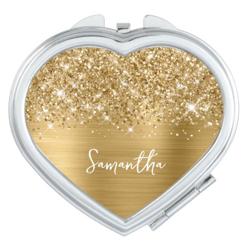 Glittery Gold Glam Script Name Heart Compact Mirror