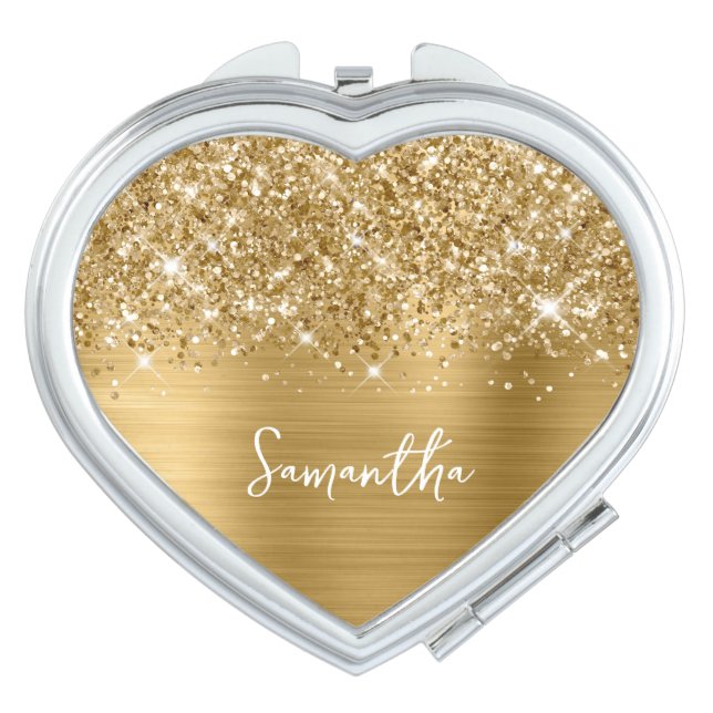 Glittery Gold Glam Script Name Heart Compact Mirror (Front)
