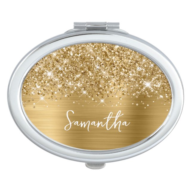 Glittery Gold Glam Script Name Oval Compact Mirror (Front)