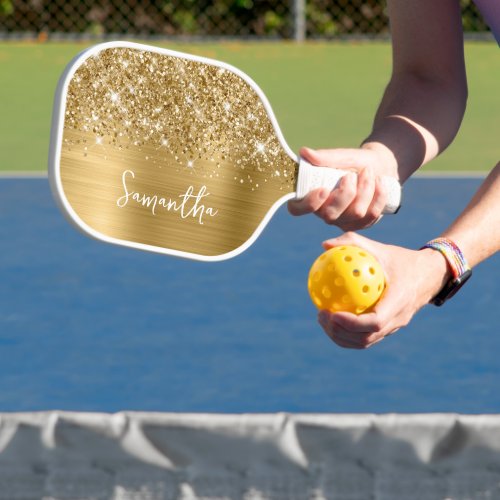 Glittery Gold Glam Script Name Pickleball Paddle