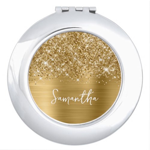 Glittery Gold Glam Script Name Round Compact Mirror