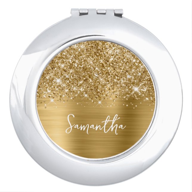 Glittery Gold Glam Script Name Round Compact Mirror (Front)