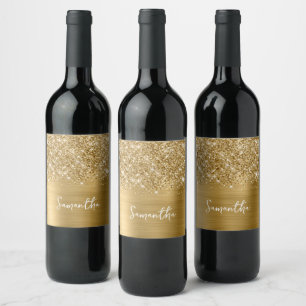 Glittery Gold Glam Script Name Wine Label