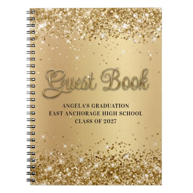Glittery Gold Gradient School Graduation Guest Notebook (Front)