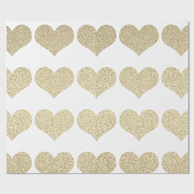 Glittery Gold Heart Patterns Golden White Holiday Wrapping Paper (Flat)