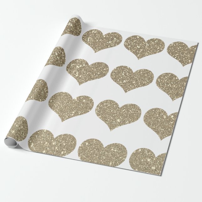 Glittery Gold Heart Patterns Golden White Sparkle Wrapping Paper (Unrolled)