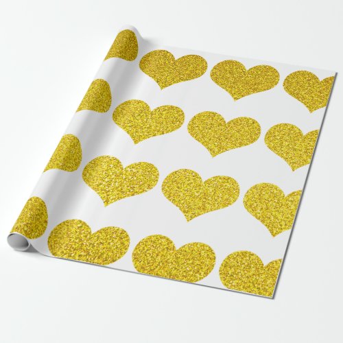 Glittery Gold Heart Patterns Golden Yellow White Wrapping Paper