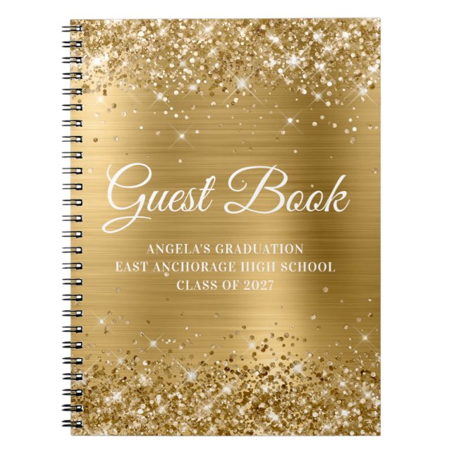 Glittery Gold High School Graduation Guest Notebook (Front)