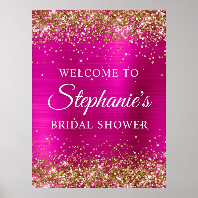 Glittery Gold Hot Pink Foil Bridal Shower Welcome Poster (Front)