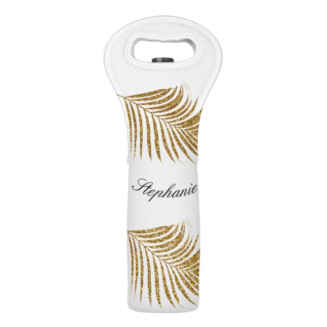Glittery Gold Leaf Custom Name Birthday Holiday Wine Bag (Front)