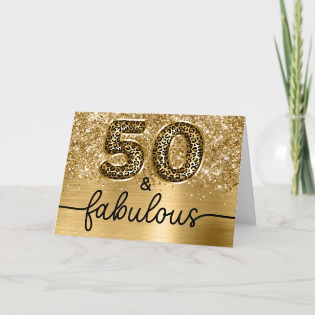 Glittery Gold Leopard Glam 50 and Fabulous Card (Front)