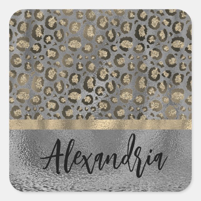 Glittery Gold Leopard Print on Grey Personalized  Square Sticker (Front)