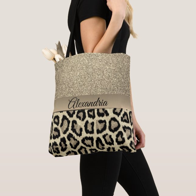 Glittery Gold Leopard Print Personalized Tote Bag (Close Up)