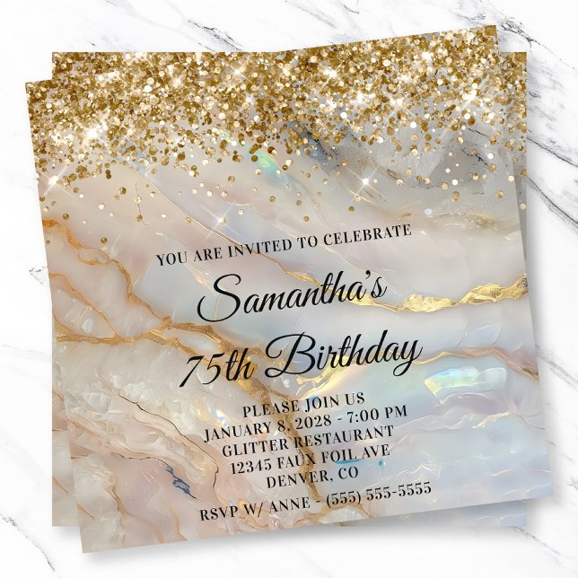 Glittery Gold Marbled Opal 75th Birthday Invitation (Glittery Gold Marbled Opal 75th Birthday Invitation)