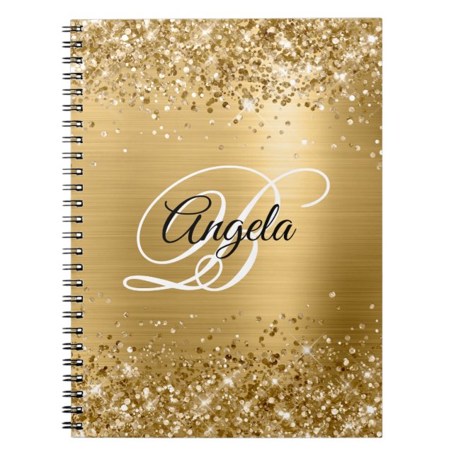Glittery Gold Metallic Fancy Monogram Notebook (Front)
