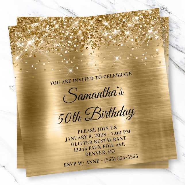 Glittery Gold Metallic Foil Look 50th Birthday Invitation (Glittery Gold Metallic Foil Look 50th Birthday Invitation)