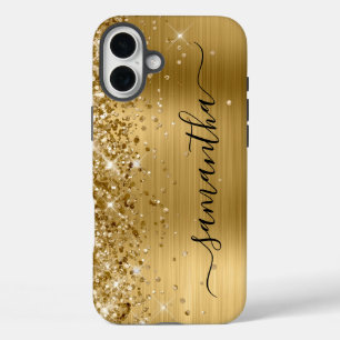 Glittery Gold Metallic Girly Black Signature iPhone 16 Plus Case